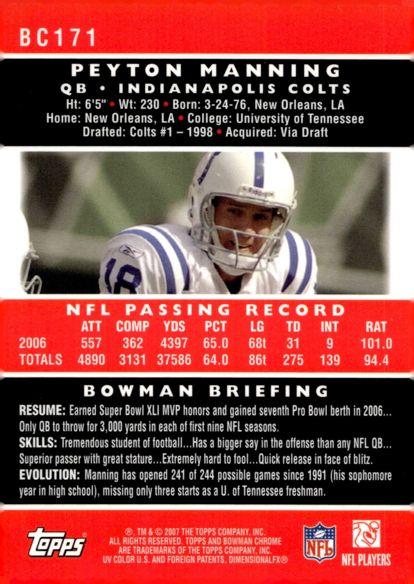 Peyton Manning 2007 Bowman Chrome #BC171 - Collector Store LLC
