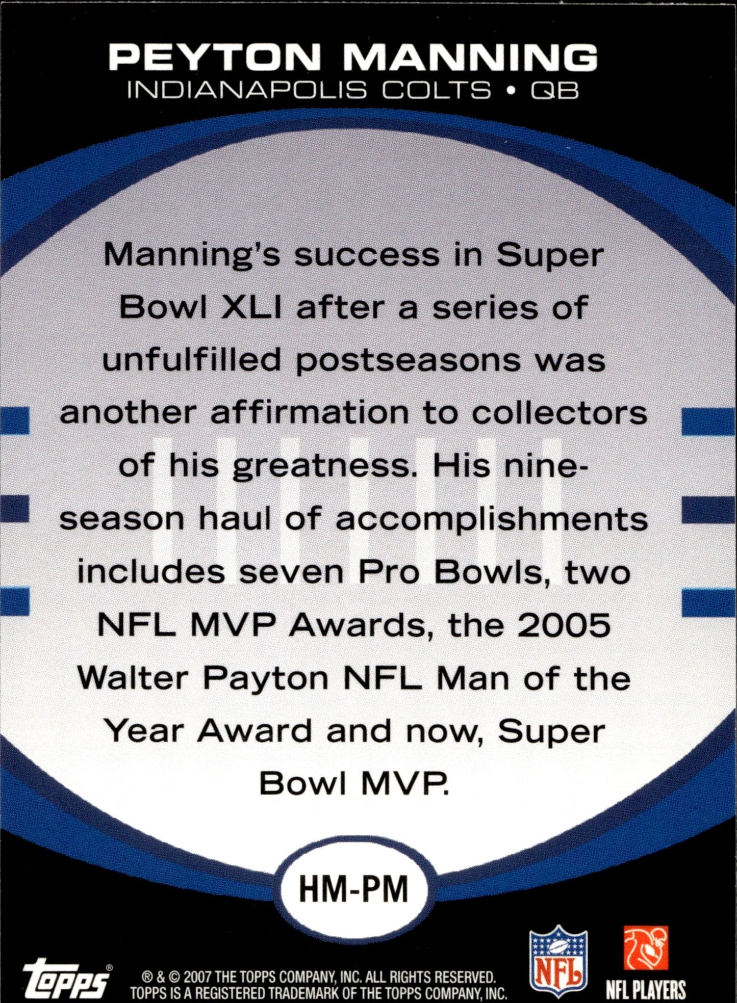 Peyton Manning 2007 Topps Hobby Masters #HM - PM - Collector Store LLC