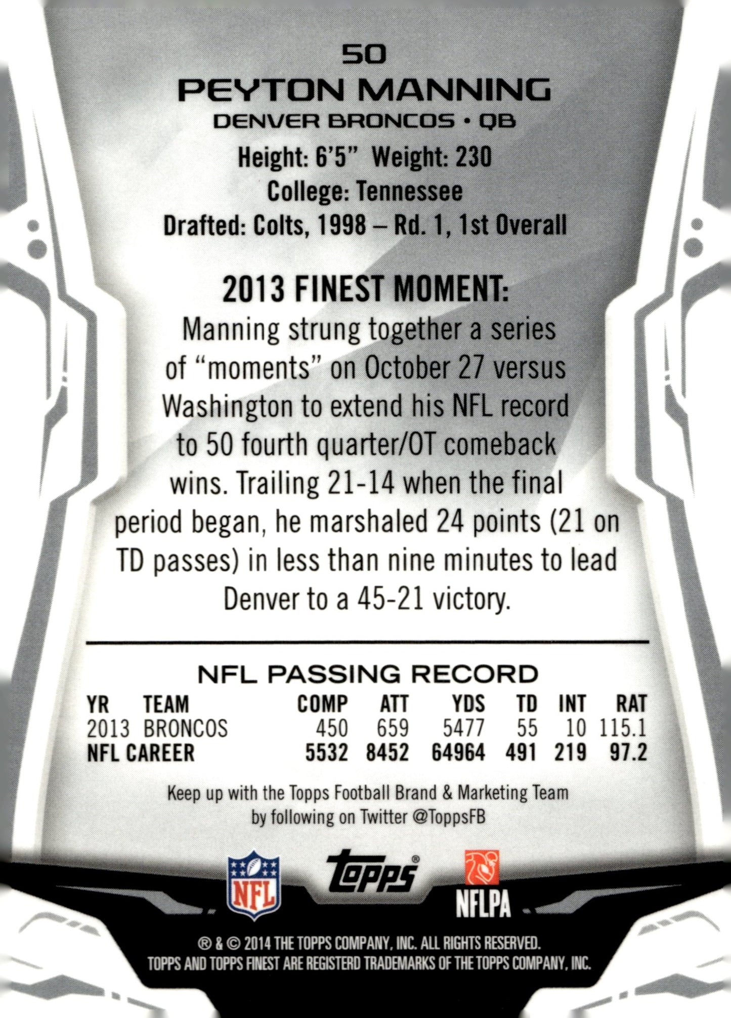 Peyton Manning 2014 Topps Finest #50 - Collector Store LLC