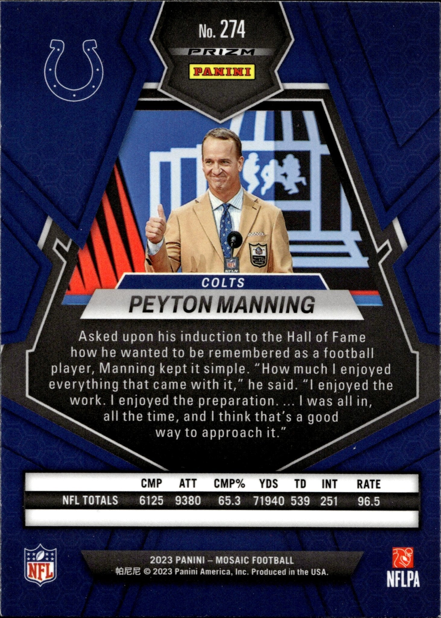 Peyton Manning 2023 Panini Mosaic Hall of Fame Sky Blue Prizm #274 #2 - Collector Store LLC