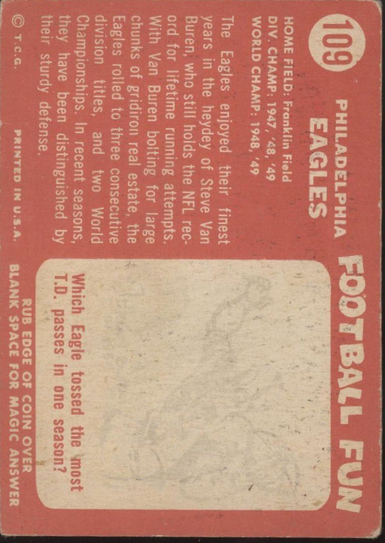 Philadelphia Eagles 1958 Topps Team Card #109 VG - EX - Collector Store LLC