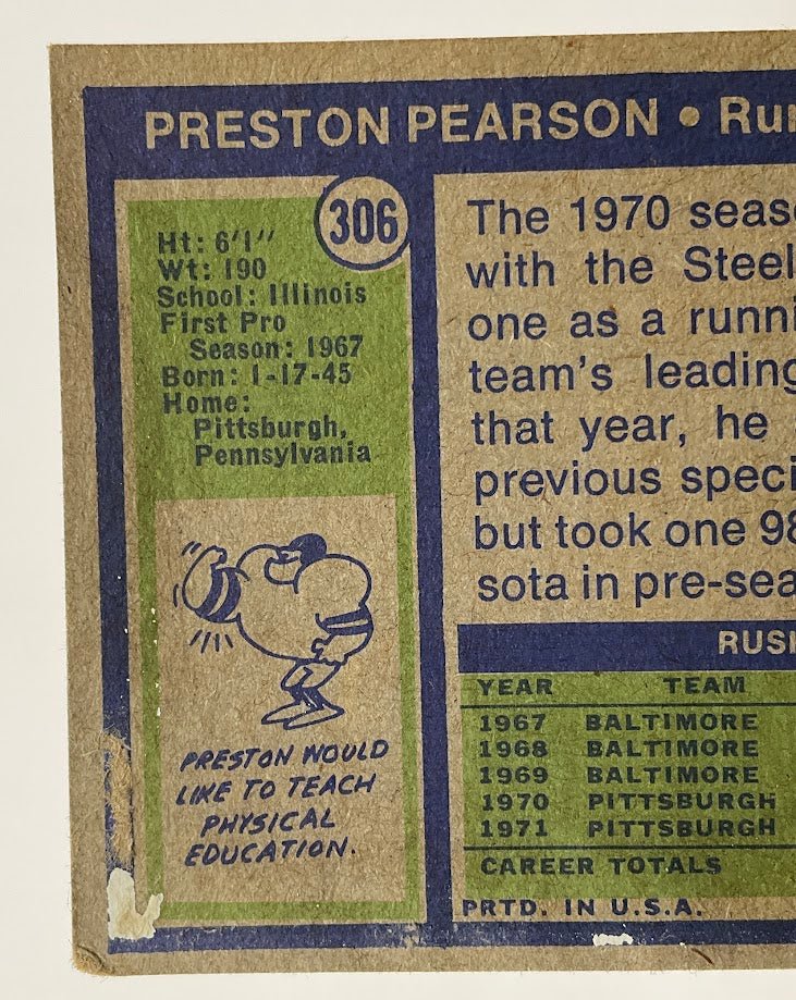 Preston Pearson 1972 Topps #306 Pittsburgh Steelers VG - Collector Store LLC