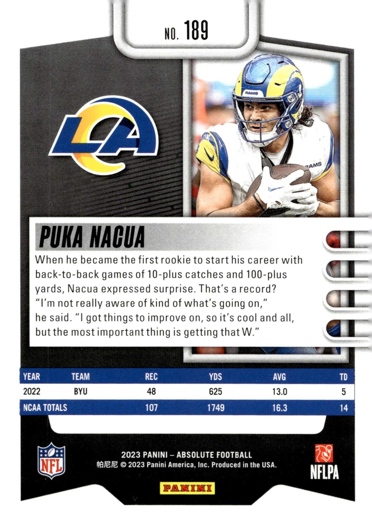 Puka Nacua 2023 Panini Absolute RC #189 #1 - Collector Store LLC