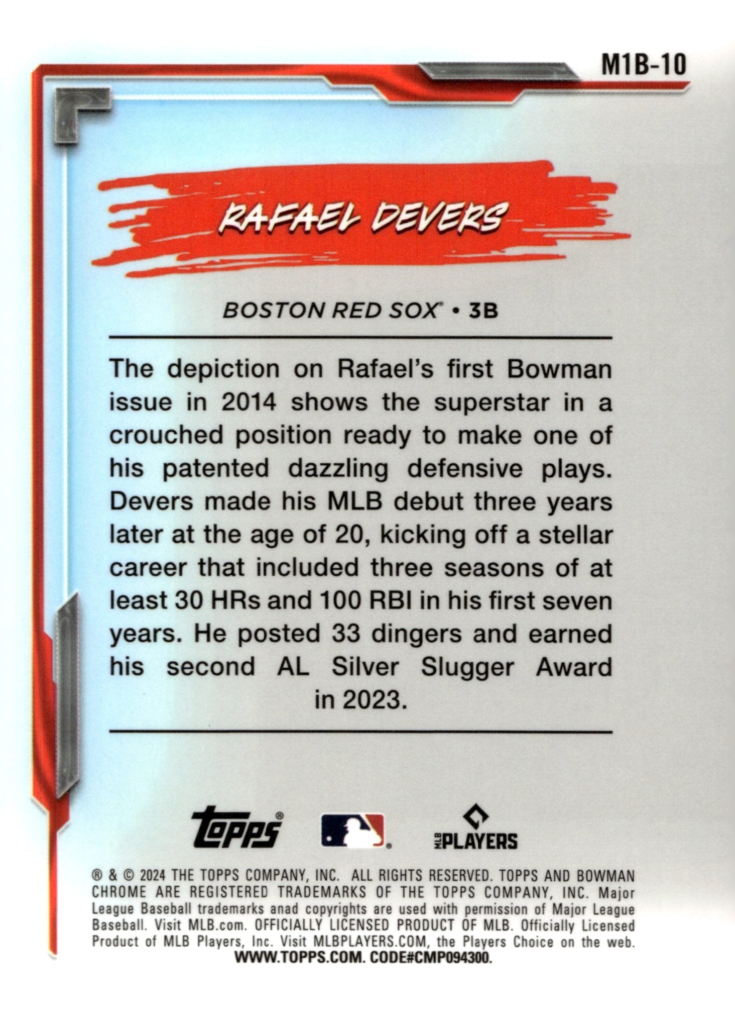 Rafael Devers 2024 Bowman Chrome My 1st Bowman Mojo Refractor #M1B - 10 #1 - Collector Store LLC