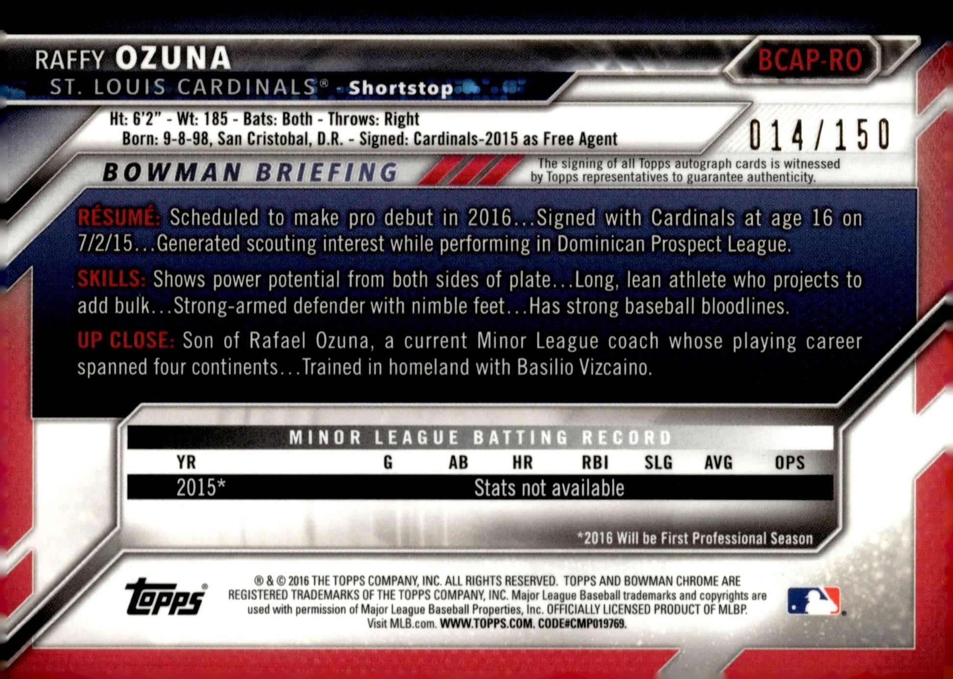 Raffy Ozuna 2016 Bowman Chrome Blue Refractor Auto 014/150 #BCAP - RO - Collector Store LLC