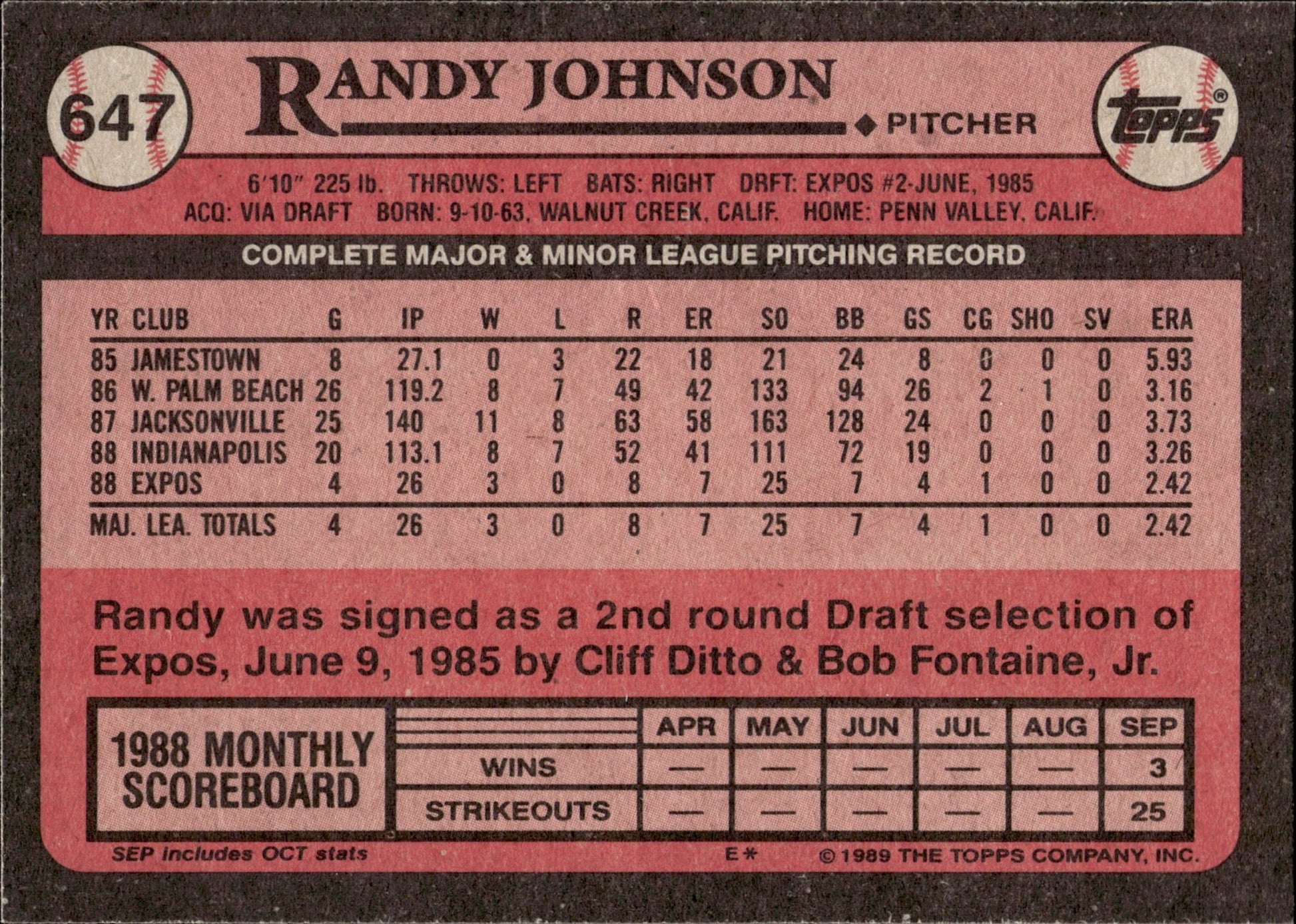 Randy Johnson 1989 Topps RC #647 - Collector Store LLC