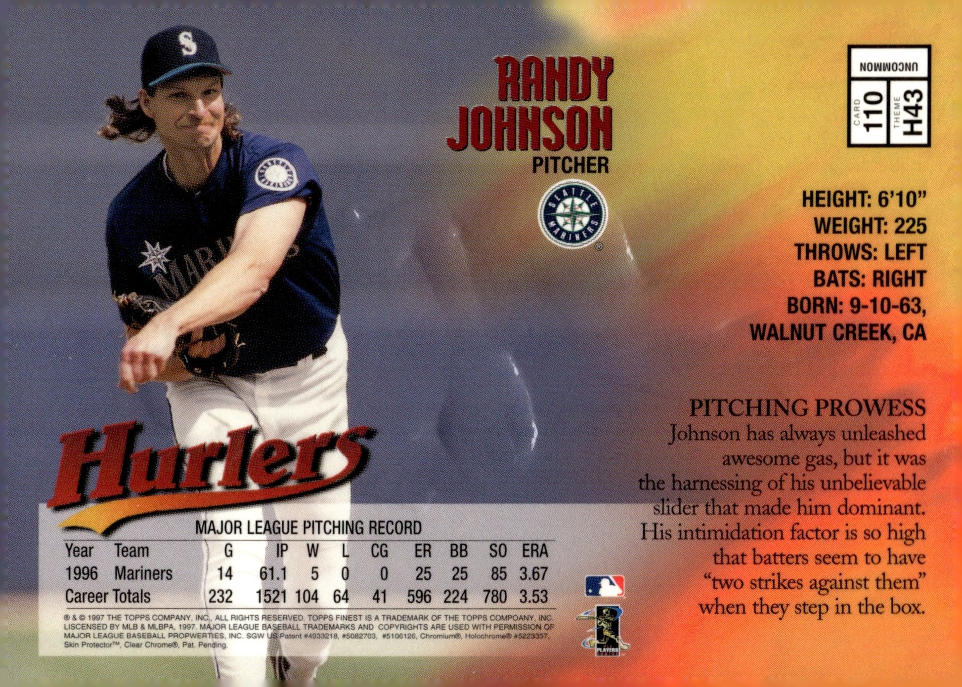 Randy Johnson 1997 Topps Finest Hurlers #110 - Collector Store LLC