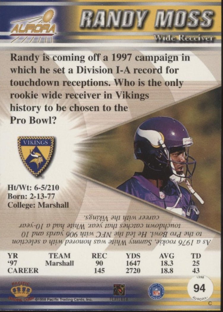 Randy Moss 1998 Pacific Aurora RC #94 - Collector Store LLC