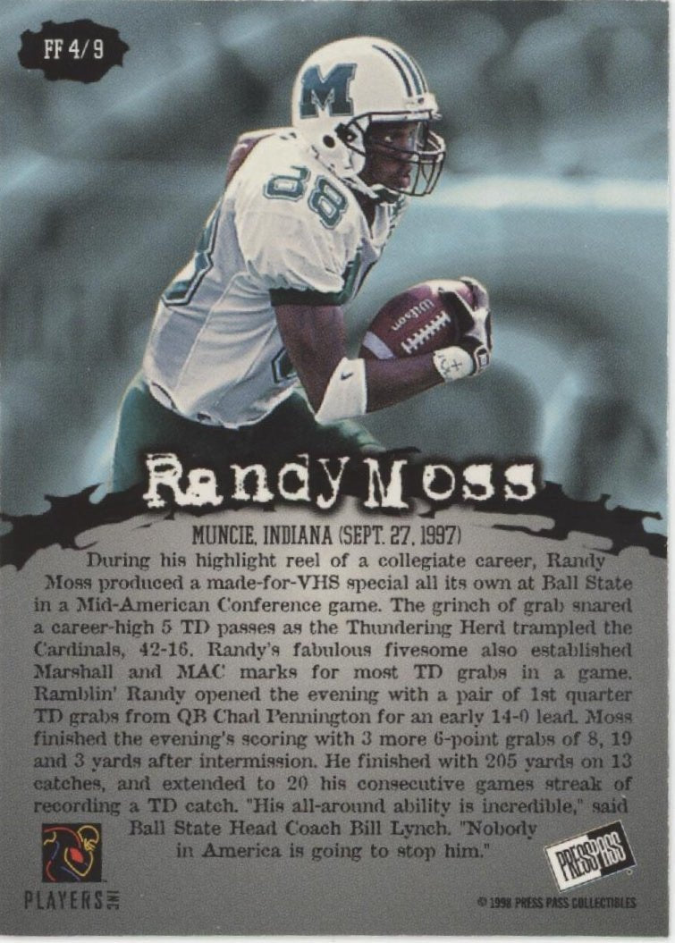 Randy Moss 1998 Press Pass Fields of Fury RC #FF4 #3 - Collector Store LLC