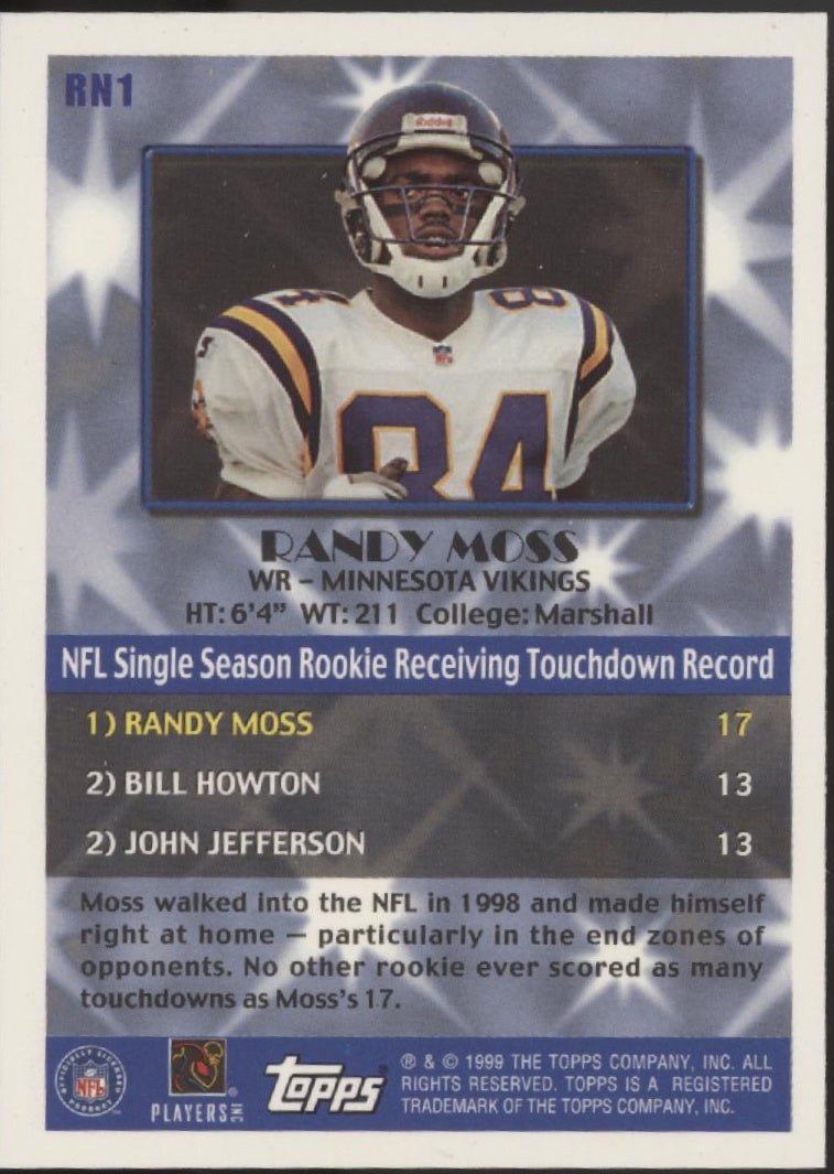 Randy Moss 1999 Topps Record Numbers 17 #RN1 - Collector Store LLC