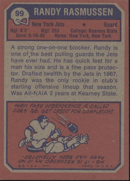 Randy Rasmussen 1973 Topps RC #99 New York Jets EX - Collector Store LLC