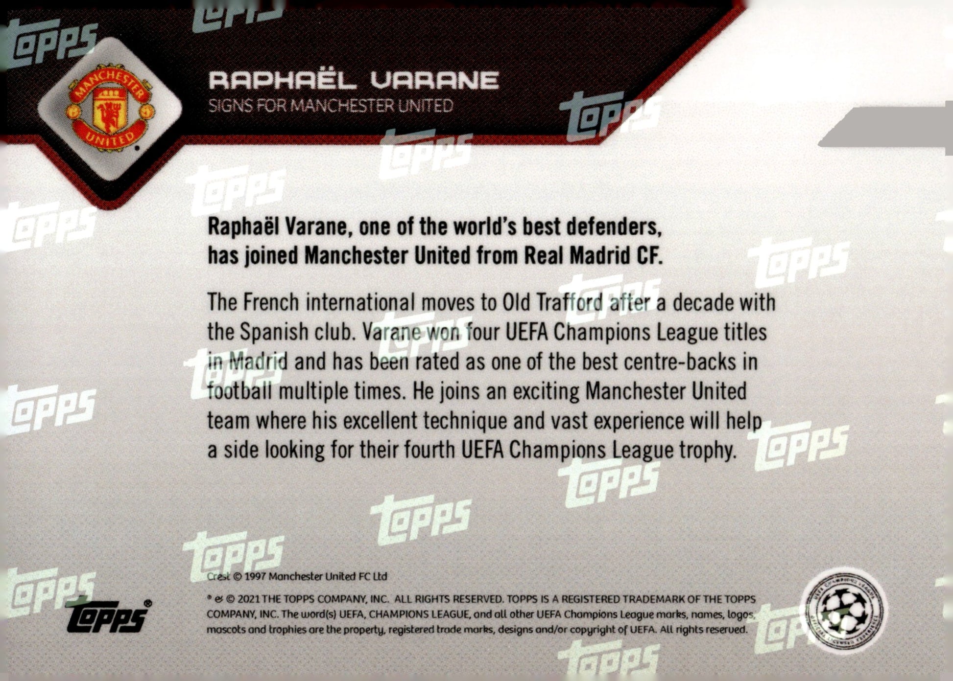 Raphael Varane 2021 - 22 Topps Now UEFA Champions League #004 #1 - Collector Store LLC