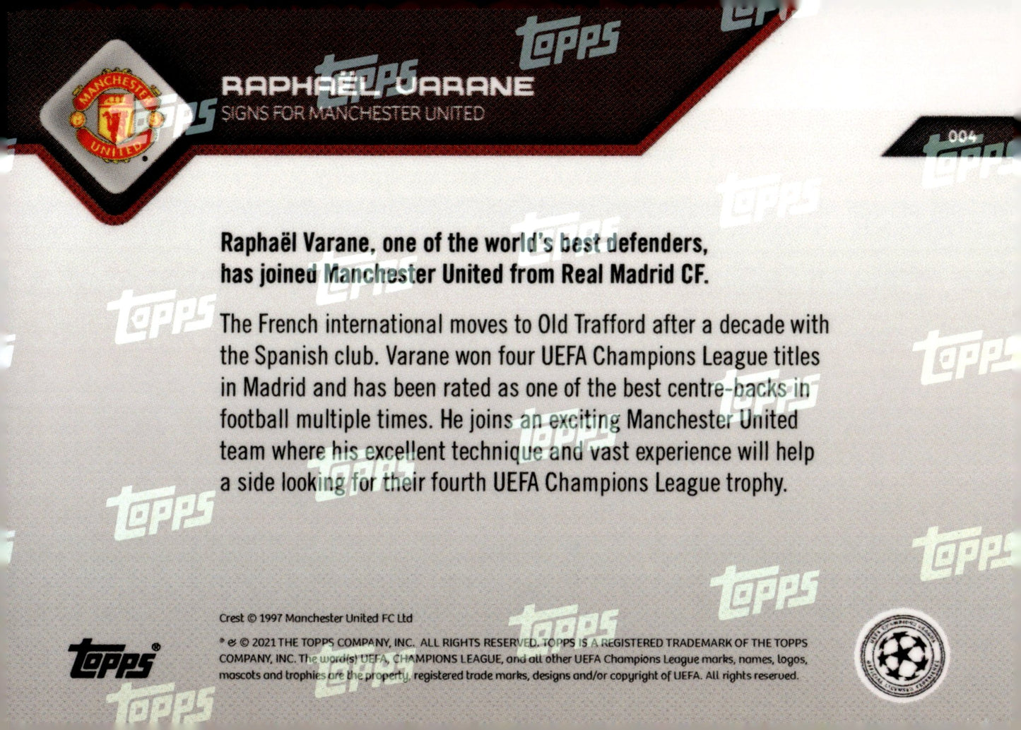 Raphael Varane 2021 - 22 Topps Now UEFA Champions League #004 #2 - Collector Store LLC