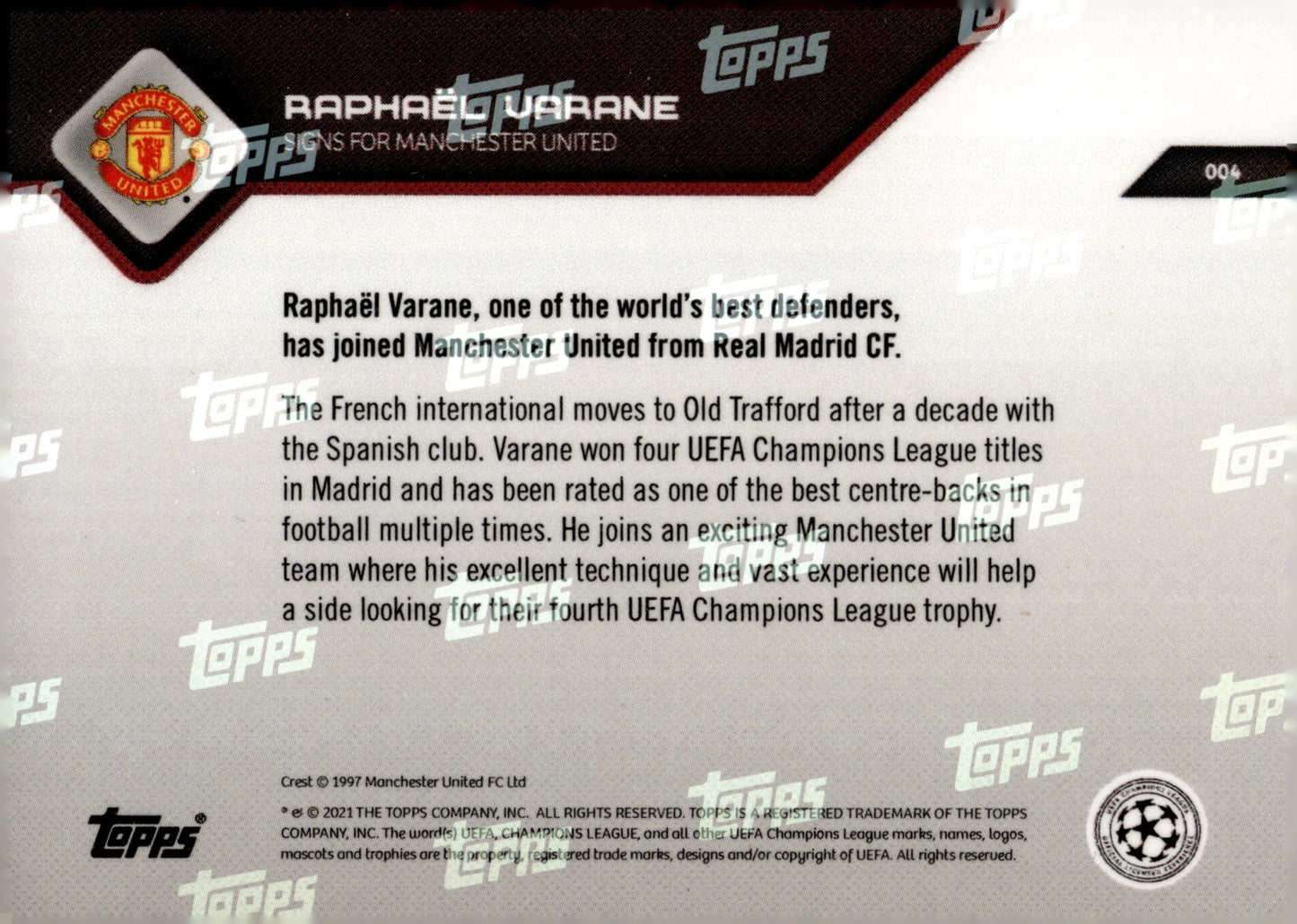 Raphael Varane 2021 - 22 Topps Now UEFA Champions League #004 #4 - Collector Store LLC