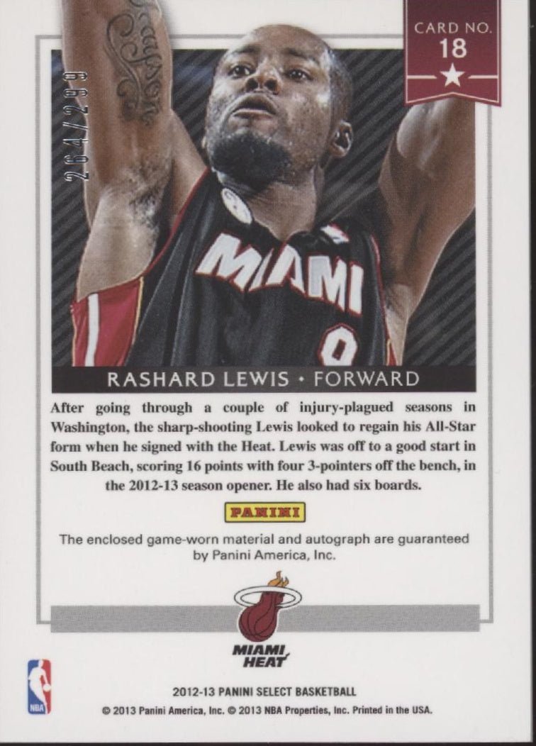 Rashard Lewis 2012 - 13 Panini Select Stars Swatch Auto 264/299 #18 - Collector Store LLC