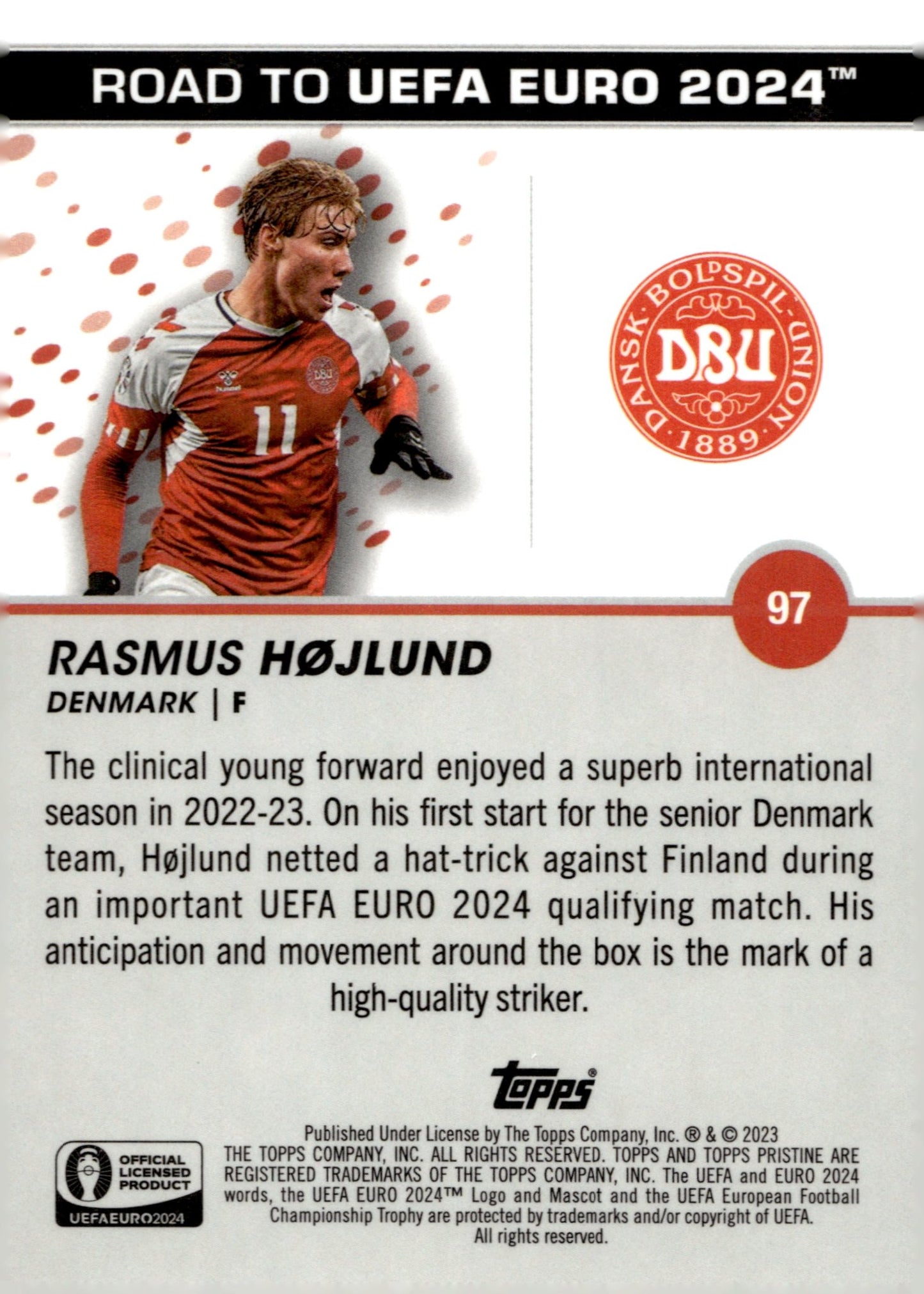 Rasmus Hojlund 2023 - 24 Topps Pristine Road to UEFA Euro Blue Refractor 56/75 - Collector Store LLC