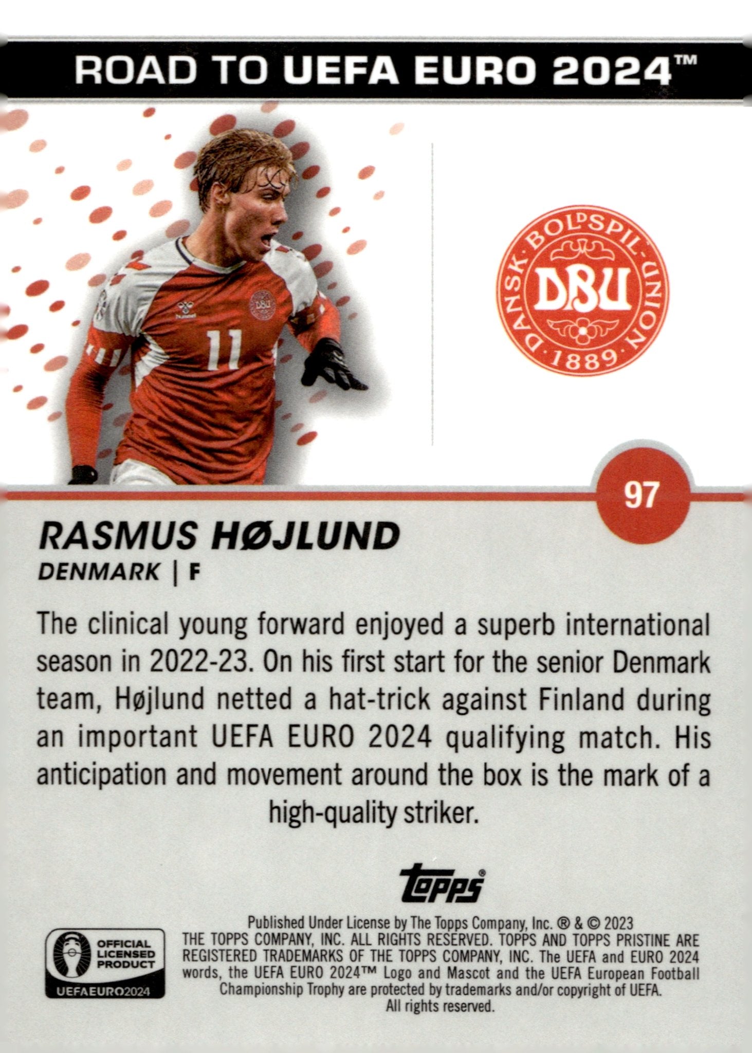 Rasmus Hojlund 2023 - 24 Topps Pristine Road to UEFA Euro Blue Refractor 56/75 - Collector Store LLC