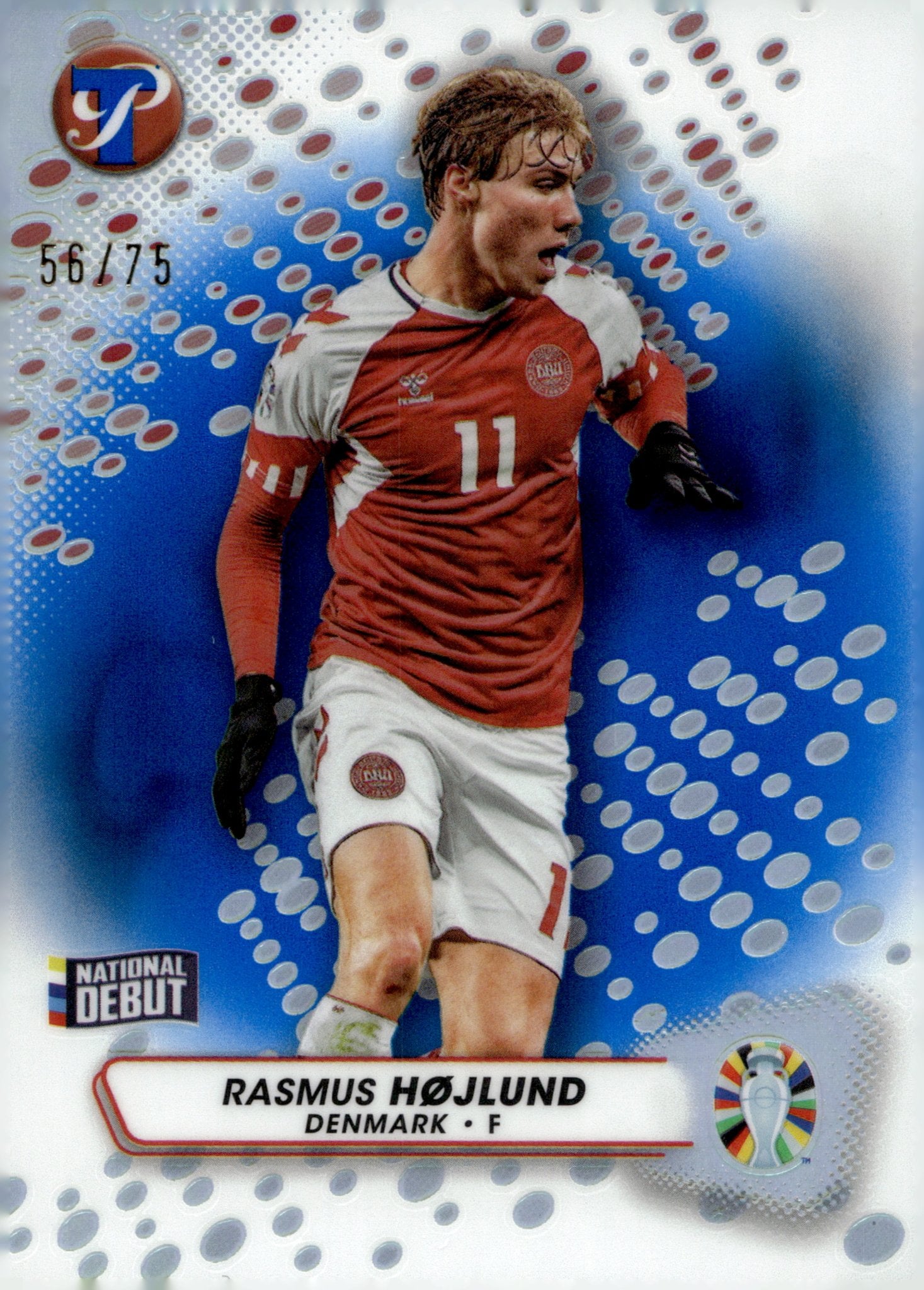 Rasmus Hojlund 2023 - 24 Topps Pristine Road to UEFA Euro Blue Refractor 56/75 - Collector Store LLC