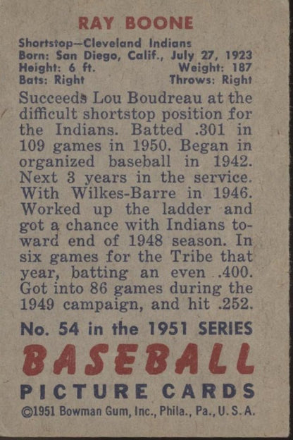 Ray Boone 1951 Bowman RC #54 Cleveland Indians VG - Collector Store LLC