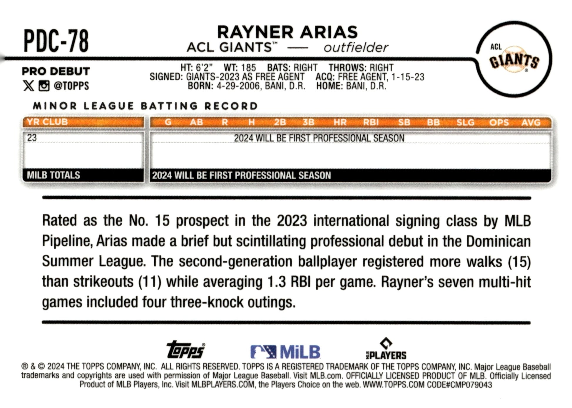 Rayner Arias 2024 Topps Chrome Pro Debut Blue Refractor #PDC - 78 - Collector Store LLC