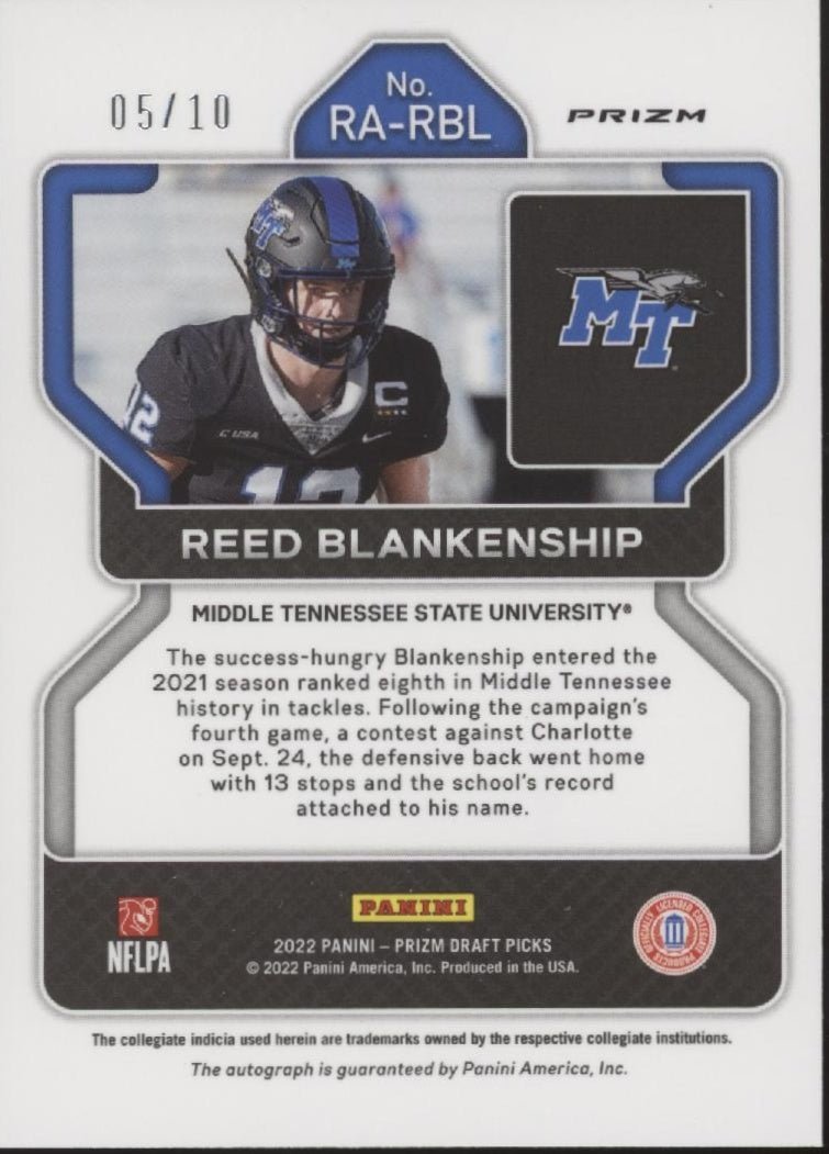 Reed Blankenship 2022 Panini Prizm Draft Picks Gold Prizm Auto 05/10 #RA - RBL - Collector Store LLC