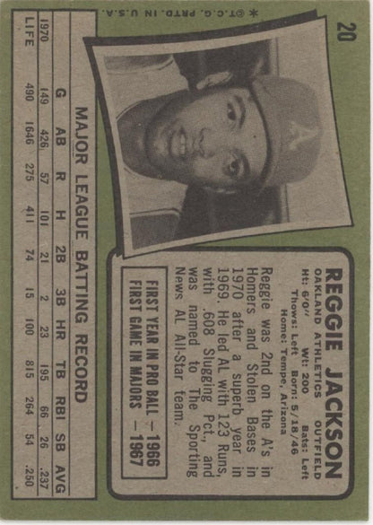 Reggie Jackson 1971 Topps #20 Oakland Athletics VG #3 - Collector Store LLC