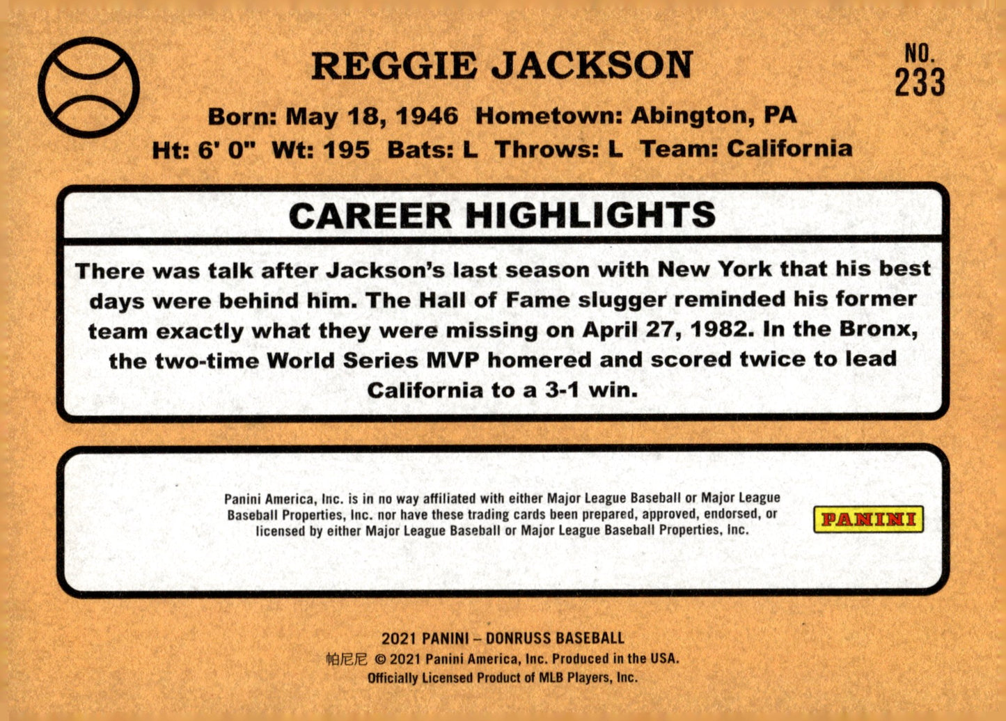 Reggie Jackson 2021 Panini Donruss #233 - Collector Store LLC