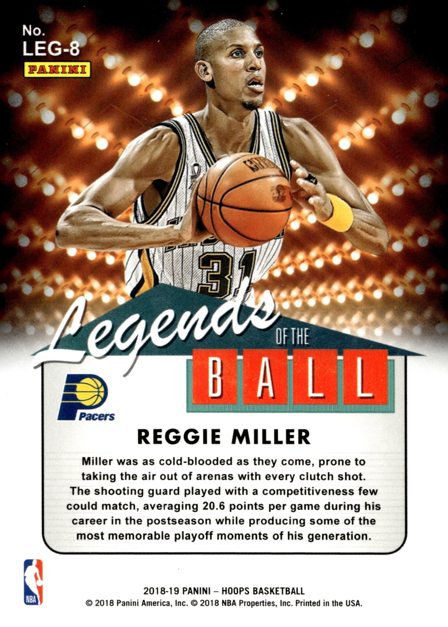 Reggie Miller 2018 - 19 Panini Hoops Legends of the Ball Holo #LEG - 8 - Collector Store LLC