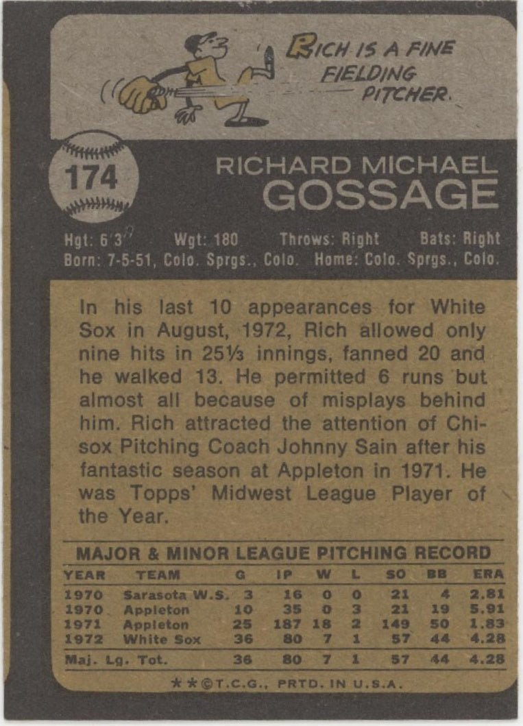 Rich Gossage 1973 Topps RC #174 Chicago White Sox VG #2 - Collector Store LLC