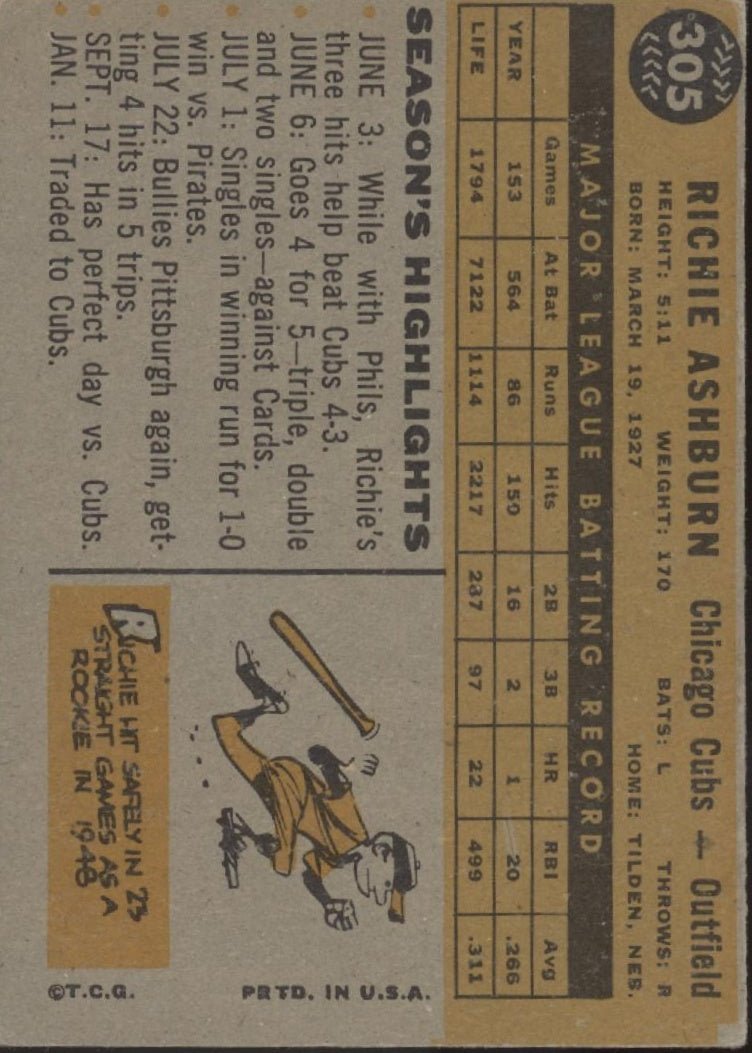 Richie Ashburn 1960 Topps #305 Chicago Cubs VG - EX - Collector Store LLC