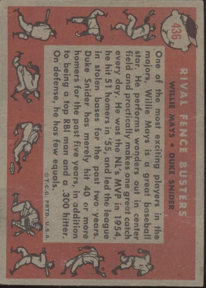 Rival Fence Busters 1958 Topps Willie Mays / Duke Snider #436 PR - Collector Store LLC