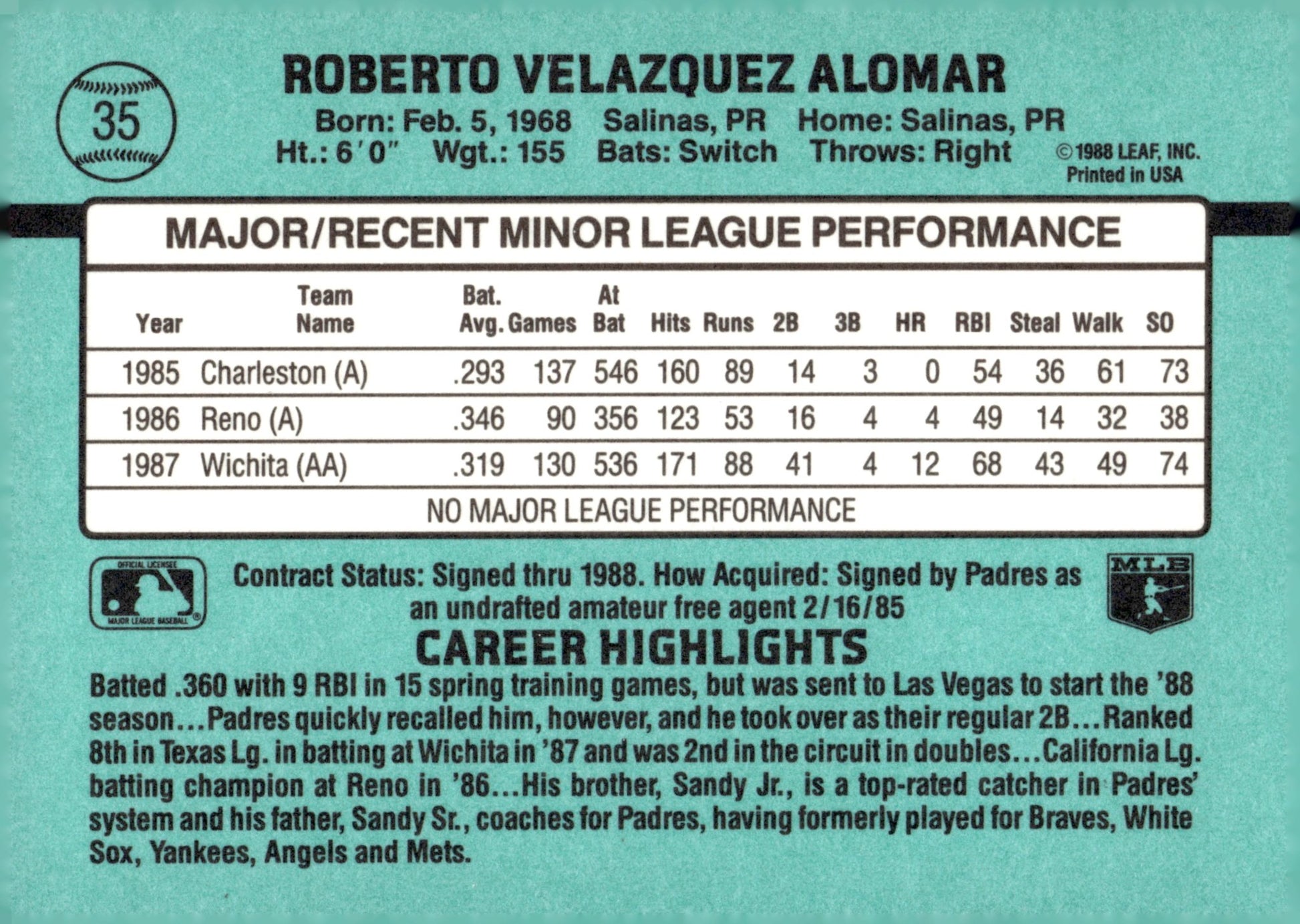Roberto Alomar 1988 Donruss The Rookies RC #35 - Collector Store LLC