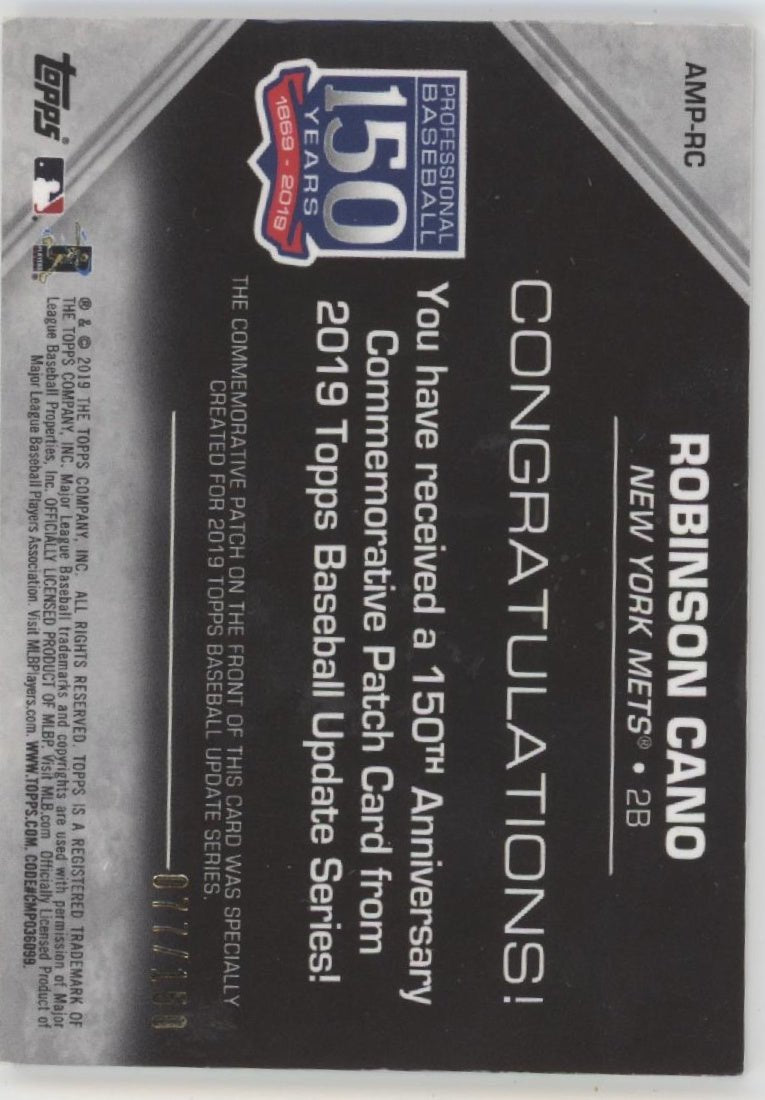 Robinson Cano 2019 Update Series 150th Anniversary Commemorative Patch 077/150 - Collector Store LLC