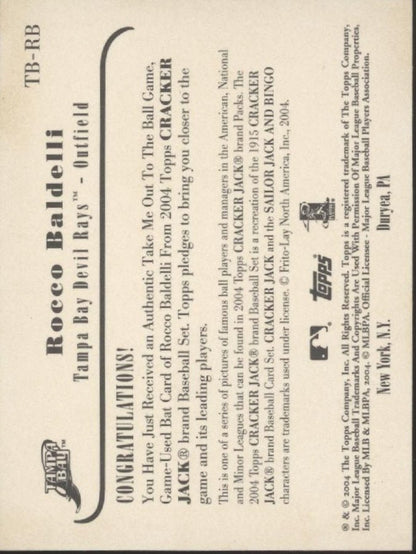 Rocco Baldelli 2004 Topps Cracker Jack Take Me Out to The Ball Game Bat Relic - Collector Store LLC