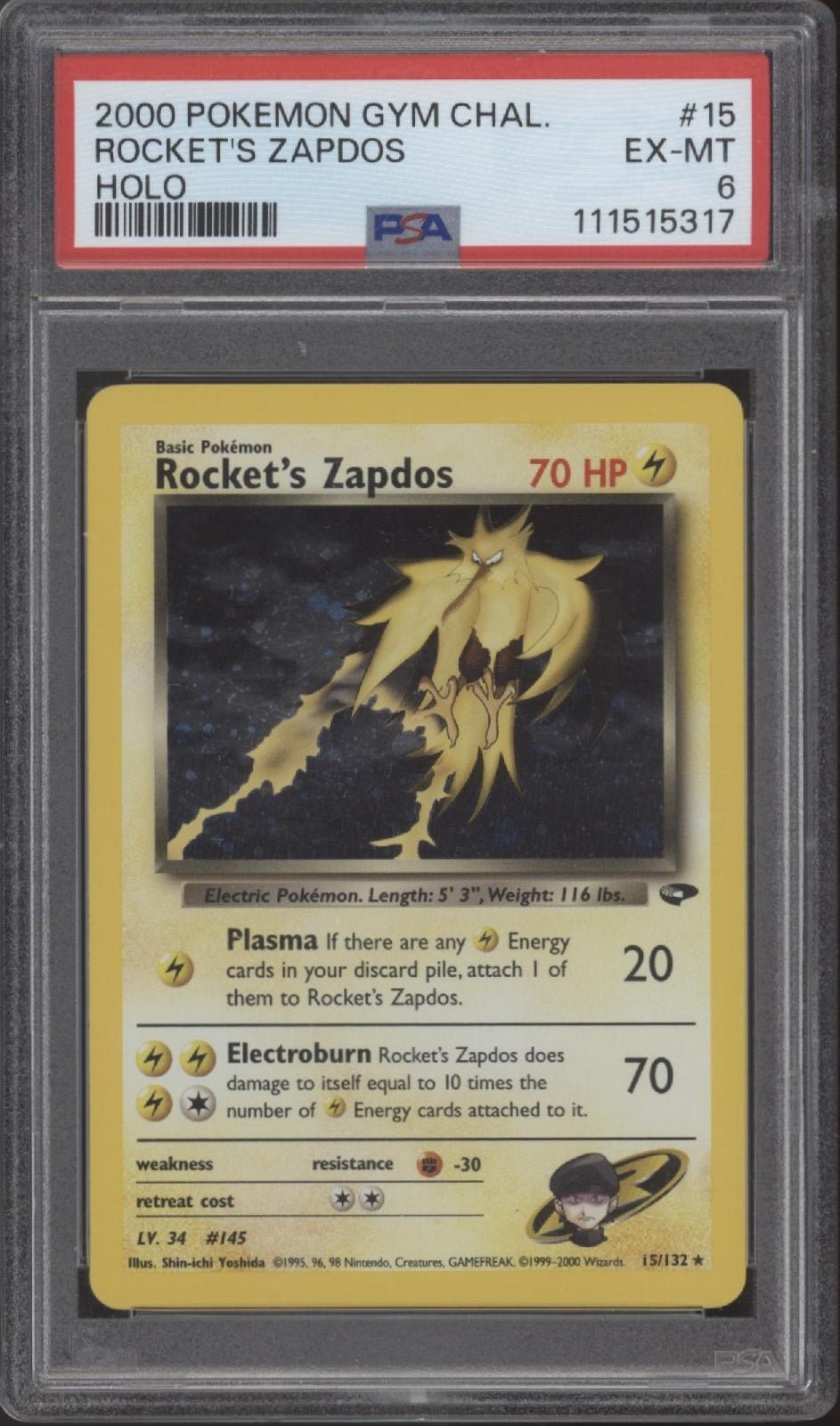Rocket's Zapdos Pokemon Gym Challenge Holo 15 PSA 6 - Collector Store LLC