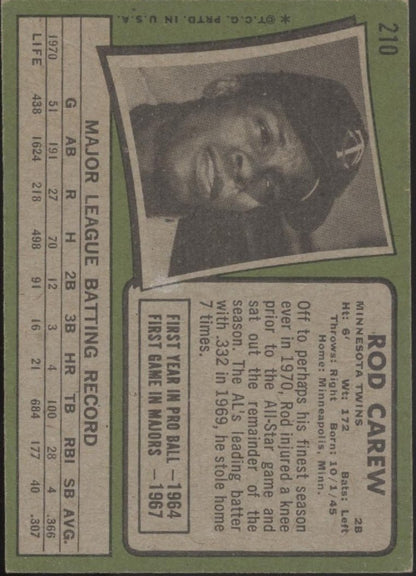 Rod Carew 1971 Topps #210 Minnesota Twins VG - EX - Collector Store LLC