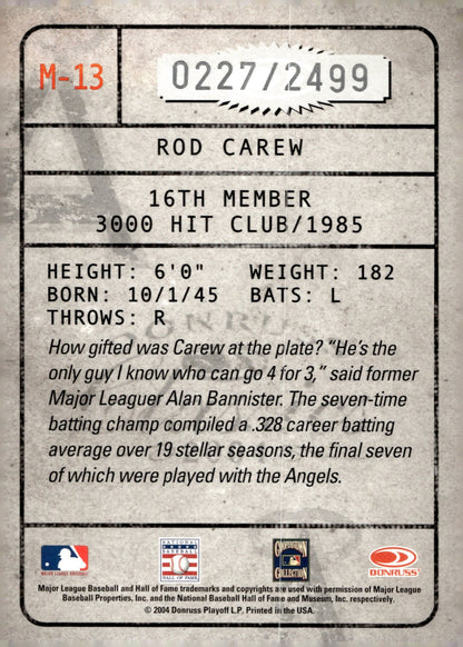 Rod Carew 2004 Donruss Classics Membership 0227/2499 #M - 13 - Collector Store LLC