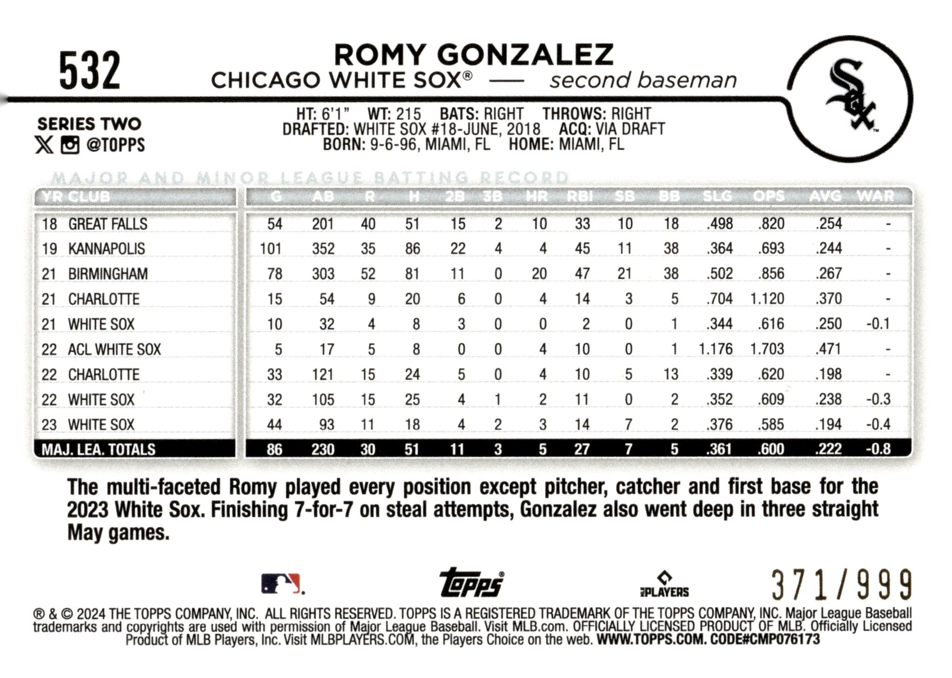 Romy Gonzalez 2024 Topps Series 2 Blue Foil 371/999 #532 - Collector Store LLC