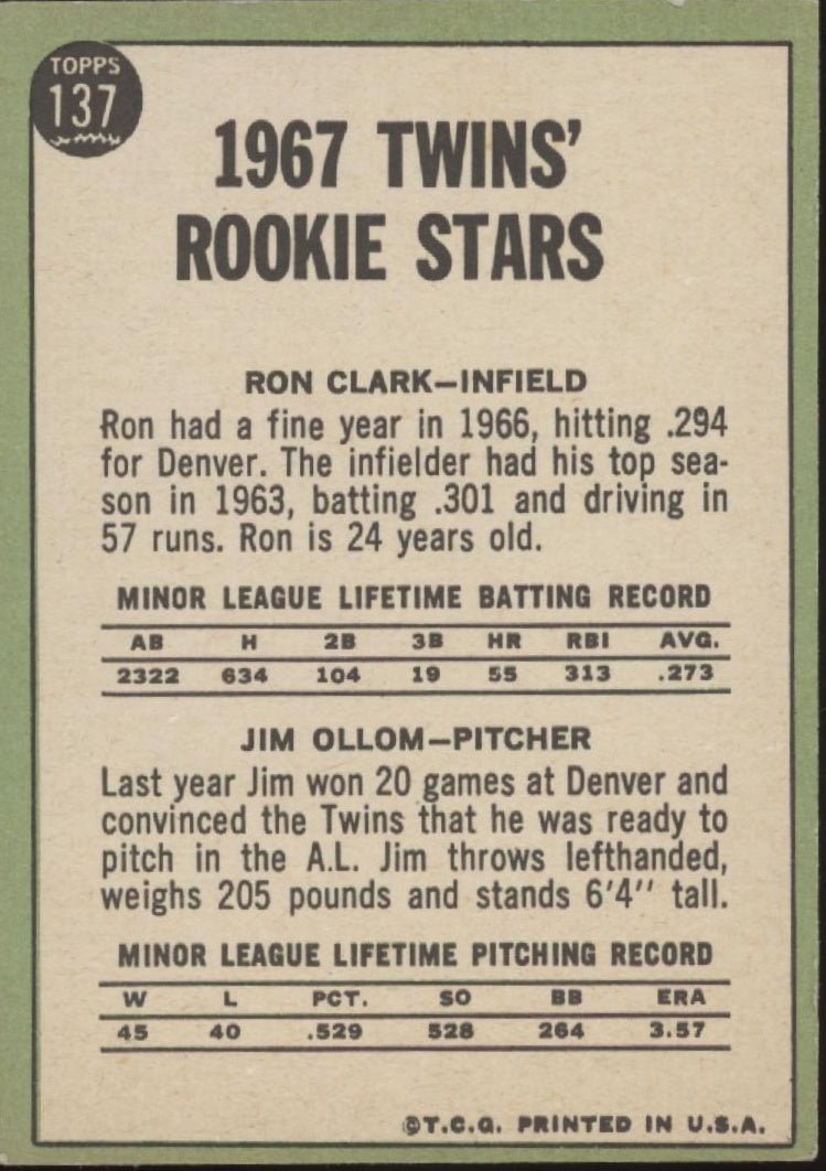 Ron Clark / Jim Ollom 1967 Topps Twins Rookie Stars RC #137 EX - Collector Store LLC