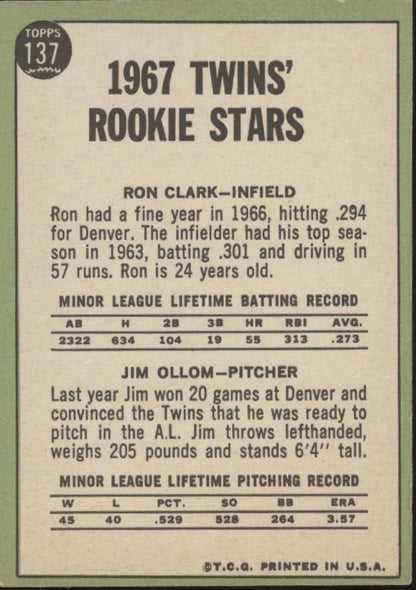 Ron Clark / Jim Ollom 1967 Topps Twins Rookie Stars RC #137 EX - Collector Store LLC
