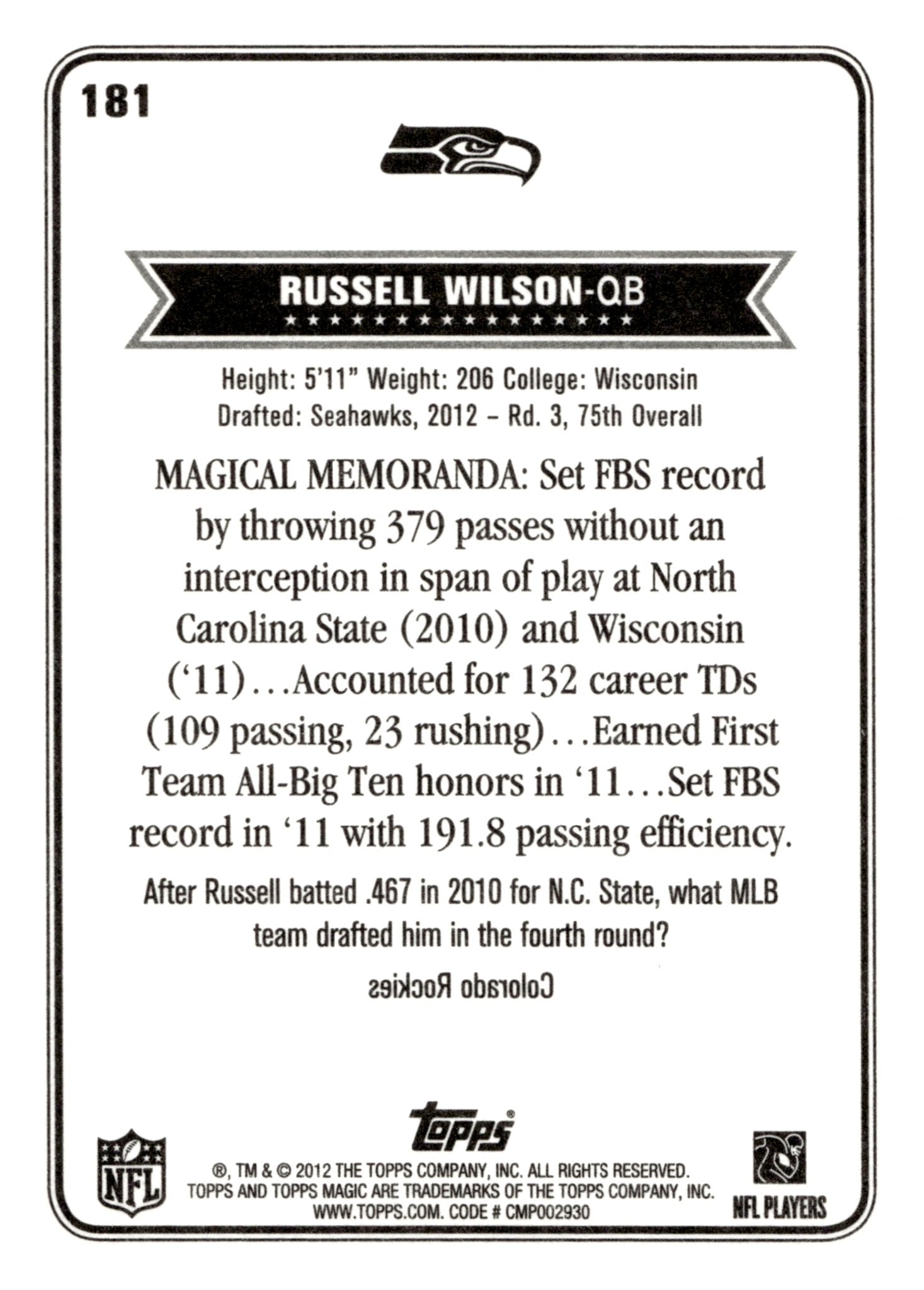 Russell Wilson 2012 Topps Magic RC #181 - Collector Store LLC