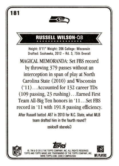 Russell Wilson 2012 Topps Magic RC #181 - Collector Store LLC