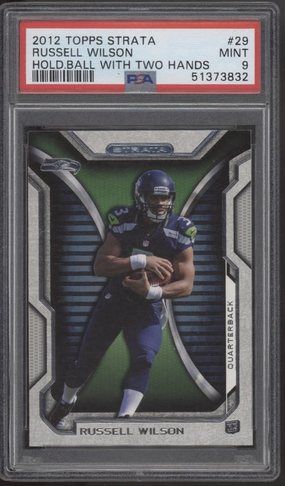 Russell Wilson 2012 Topps Strata Hold Ball with Two Hands RC #29 PSA 9 - Collector Store LLC
