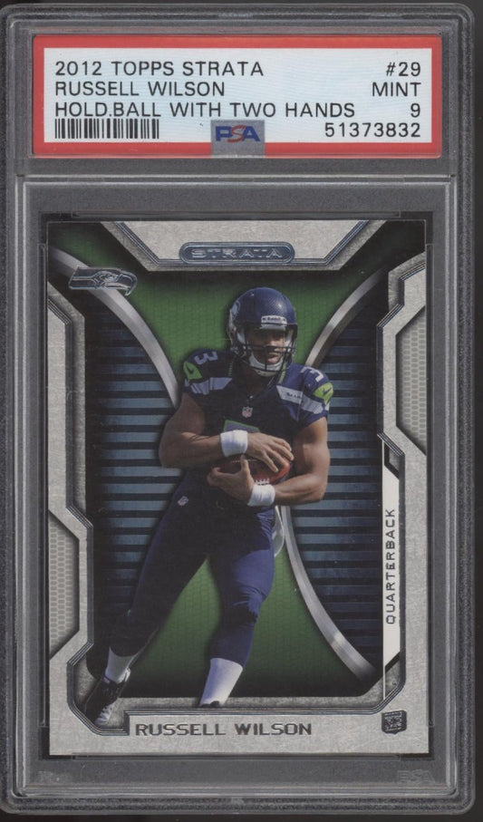 Russell Wilson 2012 Topps Strata Hold Ball with Two Hands RC #29 PSA 9 - Collector Store LLC