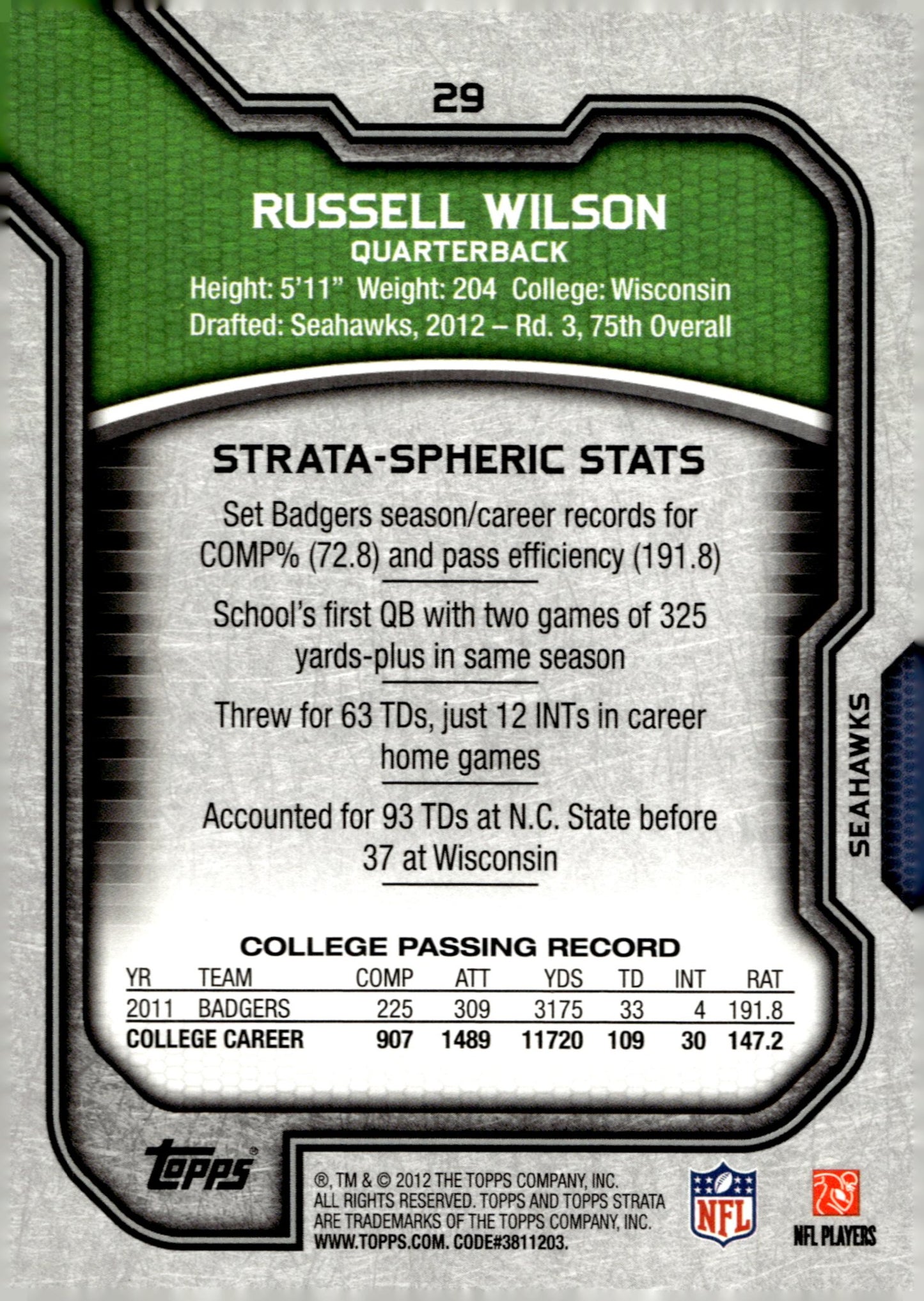 Russell Wilson 2012 Topps Strata RC #29 - Collector Store LLC