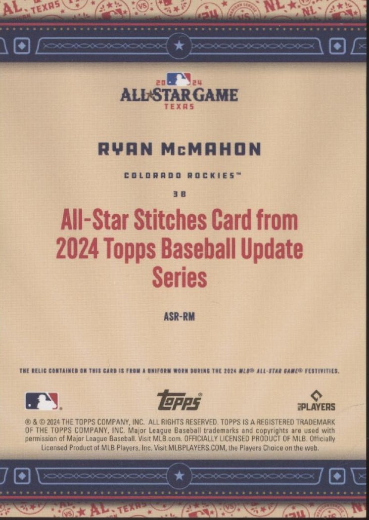 Ryan McMahon 2024 Topps Update Series All Star Stiches Swatch #ASR - RM - Collector Store LLC