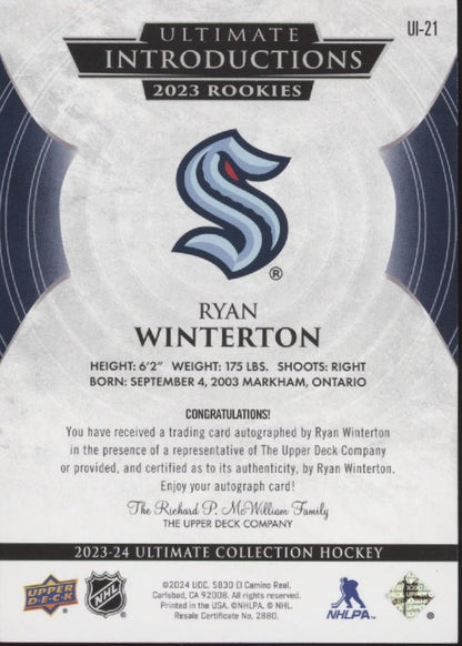 Ryan Winterton 2023 - 24 Upper Deck Ultimate Collection Introductions RC Auto - Collector Store LLC