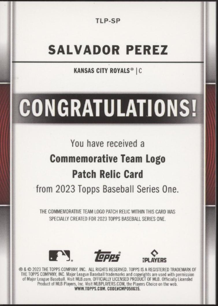 Salvador Perez 2023 Topps Series 1 Commemorative Team Logo Patch #TLP - SP - Collector Store LLC