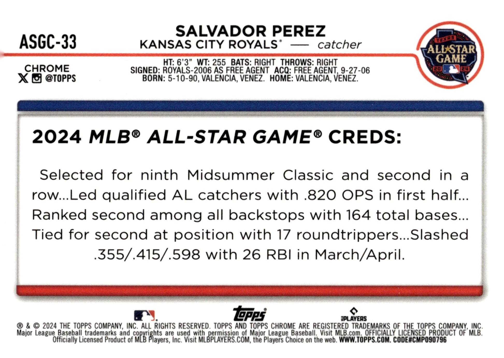 Salvador Perez 2024 Topps Chrome All Star Game Refractor #ASGC - 33 - Collector Store LLC