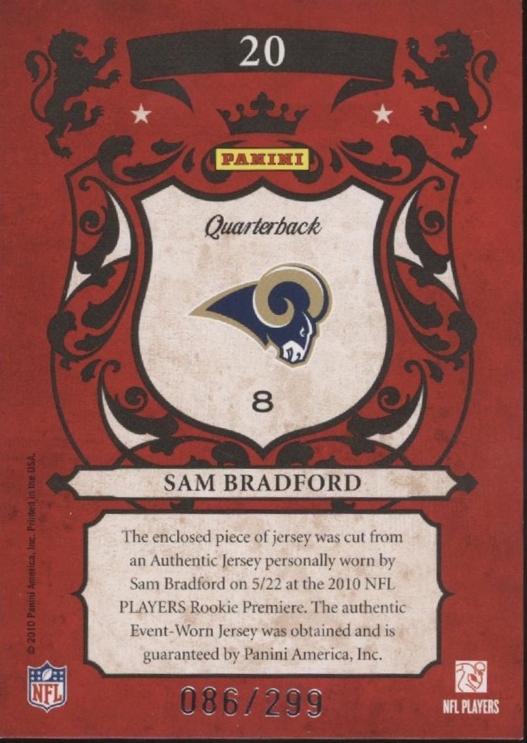 Sam Bradford 2010 Panini Crown Royale Royalty Swatch #20 - Collector Store LLC